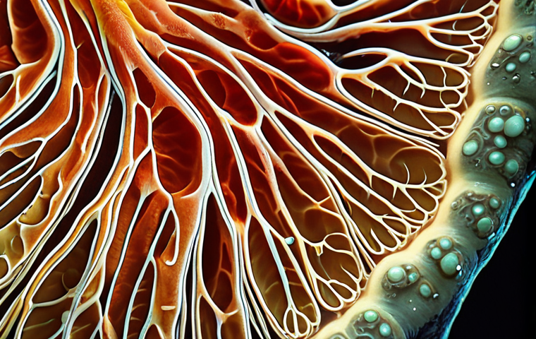 A close-up, artistic and ethereal shot of human skin surface, subtly illuminated to reveal a vibrant, interconnected micro-ecosystem of beneficial bacteria and fungi, glowing softly. They form an invisible, protective shield over the radiant and healthy skin. The background features a soft, abstract blend of colors with hints of traditional Malay design elements. Microscopic, high detail, scientific illustration style.
