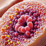 **A close-up shot of healthy, glowing skin with a focus on the skin's microbiome. Tiny, colorful representations of beneficial bacteria (like *Lactobacillus* and *Bifidobacterium*) are subtly overlaid on the skin's surface. The background is soft and blurred.**